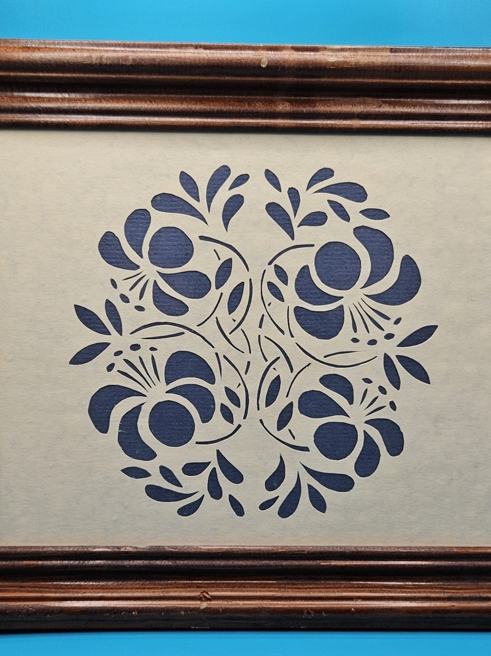 Framed Hungarian Folk Art in Navy and Cream